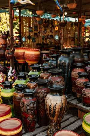 Colorful ceramic pots for sale at a market in Aregua, Paraguay.の写真素材