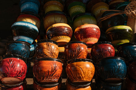 Colorful pottery at a market in Aregua, Paraguay.の写真素材