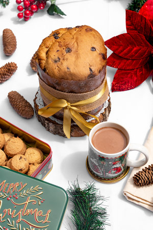 Christmas cake, cup of cocoa and cookies on a white background.の写真素材