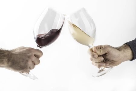 duo men toasting with glasses of white wine and red wine to celebrateの写真素材