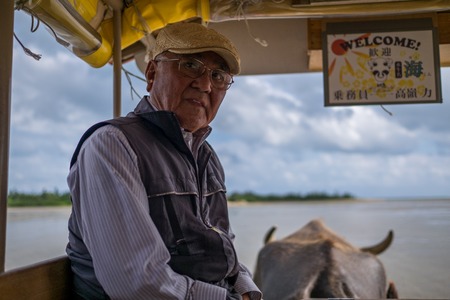 Yubu island, Japan - November 24: Unidentified driver of buffalo carriage transports tourists from Iriomote to Yubu on November 24, 2015. The buffalo carriage is the only way to get from Iriomote to Yubuのeditorial素材