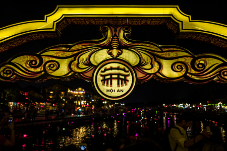 The Hoi An River area in the old city at night in Vietnamの写真素材