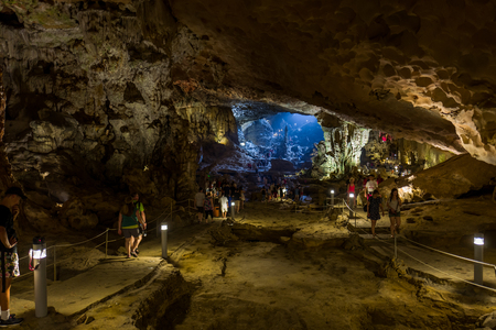 Halong Bay, Vietnam - April 26, 2018: Tourists explore the Hang Sung cave in the Halong Bay.のeditorial素材