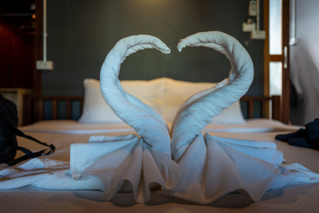 Towels shaped like swans in Koh Lipeの写真素材