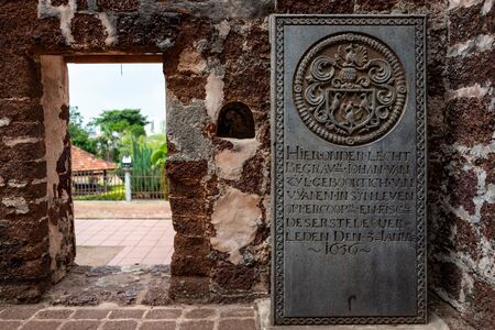 Malacca, Malaysia - February 28 2019: Historical tombstones from the former portuguese settlement in the ruins of St Paul Churchのeditorial素材