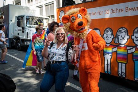 Frankfurt, Germany - July 20, 2019: People are celebrating on the ING Germany truck at the Christopher Street Day in Frankfurt.のeditorial素材