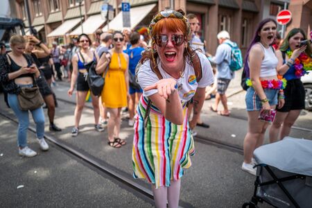 Frankfurt, Germany - July 20, 2019: People are celebrating at the Christopher Street Day in Frankfurt.のeditorial素材