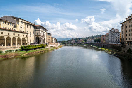 A view of the Arno from a bridge in Florenceの写真素材