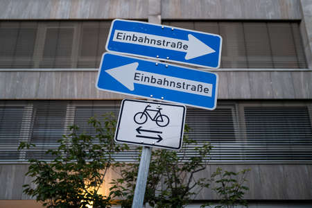 Frankfurt, Germany - July 23 2019: Oneway signs on the streets of Frankfurt.のeditorial素材