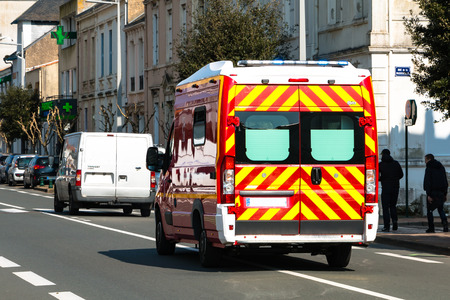 Sables d'Olonnes, France - March 20, 2016 : a french firemen ambulance intervention in a road...