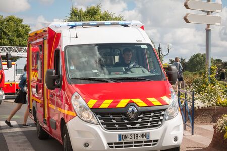 Saint Gilles Croix de Vie, France - July 14, 2016: firefighters parade on the occasion of the French National Dayのeditorial素材