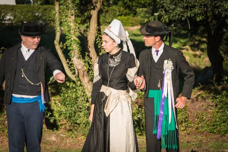 Brem sur Mer, France - July 09, 2016 : couple married for a show of traditional dance troupe Vendee region of France, celebrating a weddingのeditorial素材