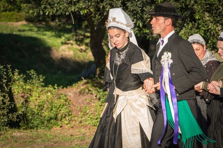Brem sur Mer, France - July 09, 2016 : couple married for a show of traditional dance troupe Vendee region of France, celebrating a weddingのeditorial素材