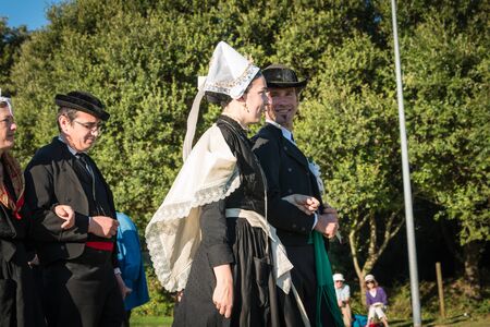 Brem sur Mer, France - July 09, 2016 : couple married for a show of traditional dance troupe Vendee region of France, celebrating a weddingのeditorial素材