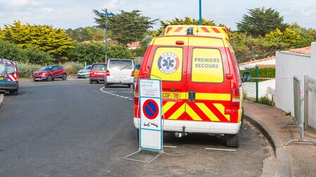 Saint Gilles Croix de Vie, France - September 10, 2016 : Final triathlon championship of France in the category D3 - first aid vehicleのeditorial素材