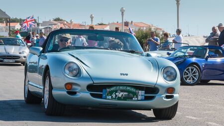 Sables d Olonne, France  - September 23, 2016 : English vintage car rally in the streets of the city, "A Nous les Belles Anglaise" - parade of beautiful old English carsのeditorial素材