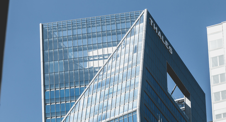 Nanterre, FRANCE, May 09, 2017 - Close-up on the skyscraper "THALES", an office building located in the heart of the business district of defense, in Paris, Franceのeditorial素材