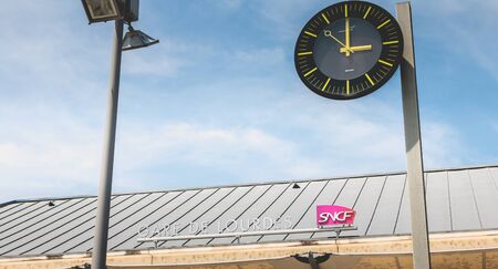 Lourdes, FRANCE, June 22, 2017 - Close-up on the sign of the SNCF station of Lourdes, France