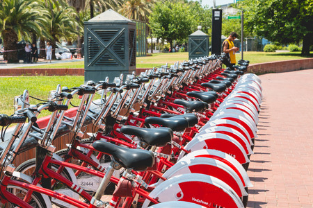 BARCELONA, SPAIN - june 21, 2017: Service Vehicles bicycles Vodafone Bicing. Bicing is the name of a bicycle sharing system in Barcelona inaugurated on March 22, 2007.のeditorial素材
