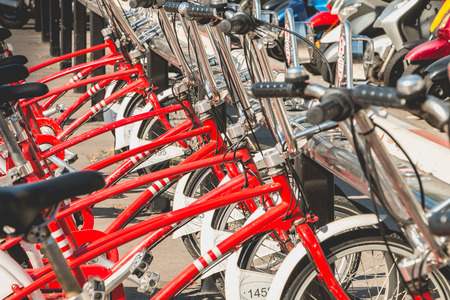 BARCELONA, SPAIN - june 20, 2017: Service Vehicles bicycles Vodafone Bicing. Bicing is the name of a bicycle sharing system in Barcelona inaugurated on March 22, 2007.のeditorial素材