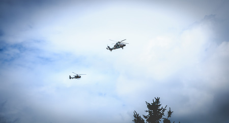 Paris, FRANCE - july 11, 2017: Air Force helicopters overflies the French capital in order to train for the parade of 14 July, the French national dayのeditorial素材