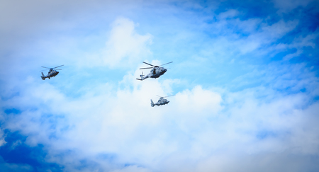 Paris, FRANCE - july 11, 2017: Air Force helicopters overflies the French capital in order to train for the parade of 14 July, the French national dayのeditorial素材