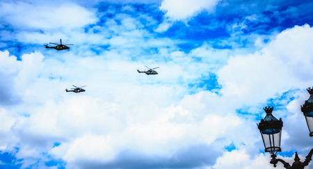 Paris, FRANCE - july 11, 2017: Air Force helicopters overflies the French capital in order to train for the parade of 14 July, the French national dayのeditorial素材