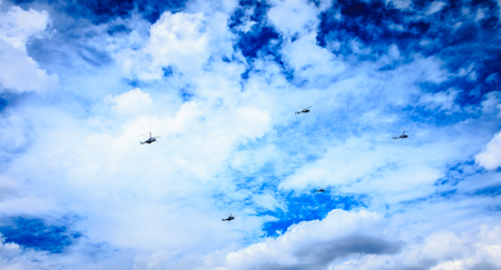 Paris, FRANCE - july 11, 2017: Air Force helicopters overflies the French capital in order to train for the parade of 14 July, the French national dayのeditorial素材