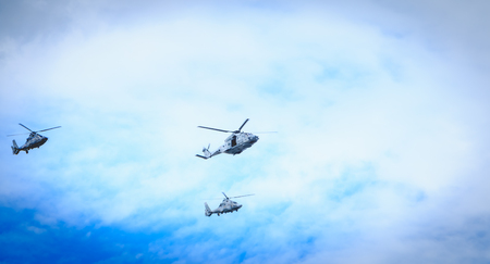 Paris, FRANCE - july 11, 2017: Air Force helicopters overflies the French capital in order to train for the parade of 14 July, the French national dayのeditorial素材