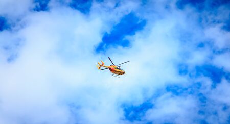 Paris, FRANCE - july 11, 2017: Helicopter EC 135 of the Civil Security flying over the French capital in order to train for the parade on 14 July, the day of the French national holidayのeditorial素材