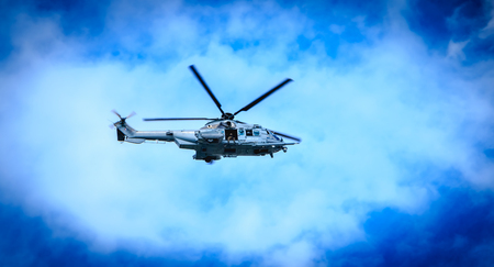 Paris, FRANCE - july 11, 2017: Helicopter EC725 Caracal of the Air Force flying over the French capital in order to train for the parade on 14 July, the day of the French national holidayのeditorial素材
