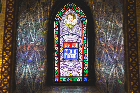 detail of the windows of the cathedral of Lourdes, Franceのeditorial素材