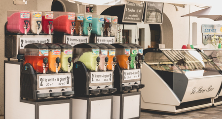 NOIMOUTIER, FRANCE - July 03, 2017 : front of a snow cone and homemade ice cream seller during the summerのeditorial素材
