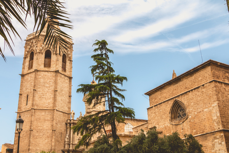 architectural detail of the facade of the Cathedral of St. Mary of Valenciaの写真素材