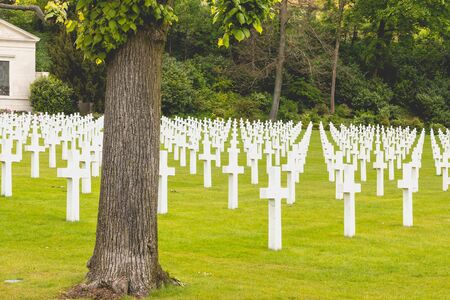 SURESNES, FRANCE - May 02, 2017 : white cross alignment in the American military cemetery of Suresnes, near Paris, Franceのeditorial素材
