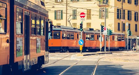 MILAN, ITALY - November 03, 2017 : two  old tram line 12 of the company Azienda Trasporti Milanesi circulating in the city. The network was inaugurated in 1881のeditorial素材