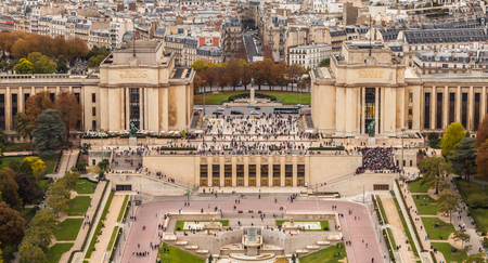 PARIS, FRANCE - October 08, 2017 : aerial view of Trocadero square where many people walk and visit the placeのeditorial素材