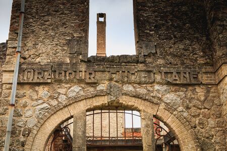 ORADOUR SUR GLANE, FRANCE - December 03, 2017 : remains of the village post office in ruins following the massacre of the population by the German army on June 10, 1944のeditorial素材