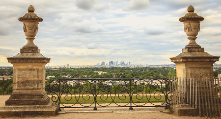 SAINT GERMAIN EN LAYE, FRANCE - July 12, 2017 : from the public garden of the castle of the city, a view on the modern business district of Paris la Defenseのeditorial素材