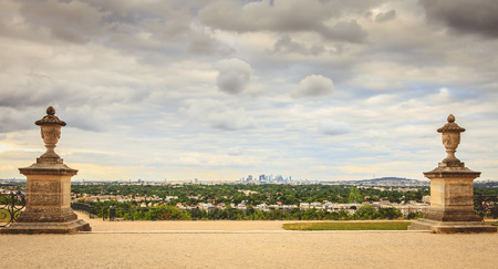 SAINT GERMAIN EN LAYE, FRANCE - July 12, 2017 : from the public garden of the castle of the city, a view on the modern business district of Paris la Defenseのeditorial素材
