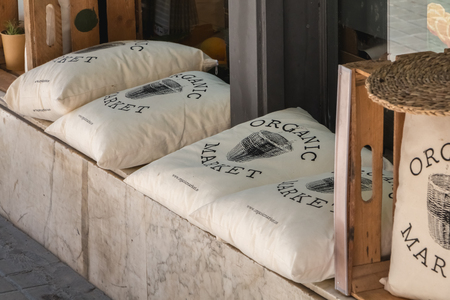 BARCELONA, SPAIN -  June 20, 2017 : front of a Woki Organic Market, a concept of organic supermarkets and vegetarian restaurants on a summer dayのeditorial素材