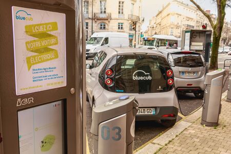 BORDEAUX, FRANCE - January 26, 2018 : charging point for Bluecar rental electric car on a winter day