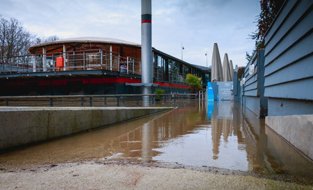 ISSY LES MOULINEAUX near PARIS, FRANCE - January 24, 2018 : Difficult access to barges along the river Seine because of the rising waters during winter floodsのeditorial素材