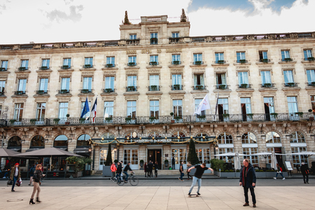 BORDEAUX, FRANCE - January 26, 2018 : architectural detail of the luxurious Grand Hotel de Bordeaux in front of the opera one winter dayのeditorial素材