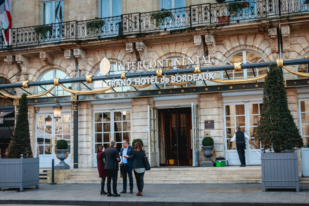 BORDEAUX, FRANCE - January 26, 2018 : architectural detail of the luxurious Grand Hotel de Bordeaux in front of the opera one winter dayのeditorial素材