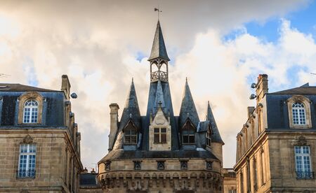 BORDEAUX, FRANCE - January 26, 2018 : architectural detail of the Porte Cailhau (Cailhau Gate)  on a winter day, remnant of medieval timesのeditorial素材