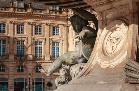 Bordeaux, France - January 26, 2018 : detail view of the fountain of the 3 Graces on a winter day, located on Place de la Bourse, it was designed by Louis Visconti and sculpted by Charles Gumeryのeditorial素材