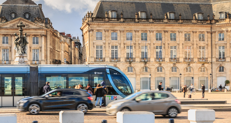 Bordeaux, France - January 26, 2018 : circulating tram place de la Bourse on a winter dayのeditorial素材