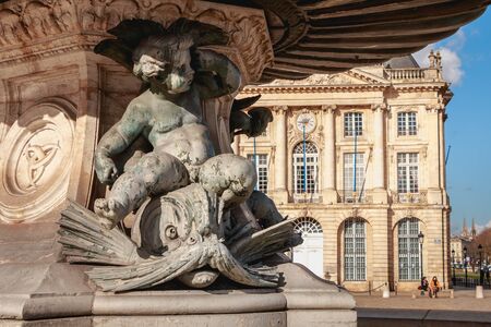 Bordeaux, France - January 26, 2018 : detail view of the fountain of the 3 Graces on a winter day, located on Place de la Bourse, it was designed by Louis Visconti and sculpted by Charles Gumeryのeditorial素材