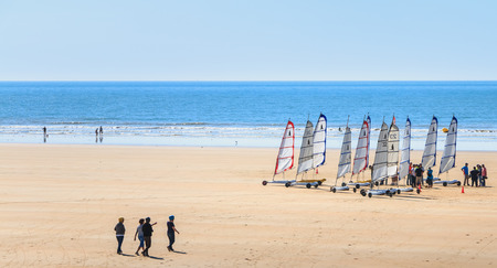 Saint Jean de Monts, France - September 23, 2017 : group of people taking a lesson of sand yachting on the beach at the end of summerのeditorial素材